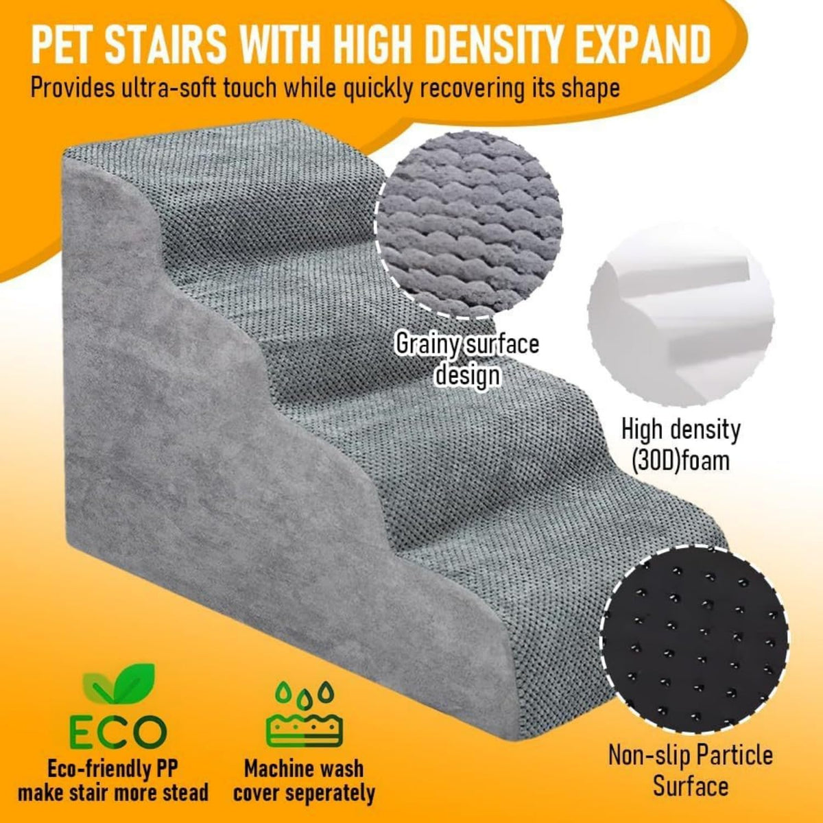 4-Step Grey Detachable Pet Stairs for Beds & Couches