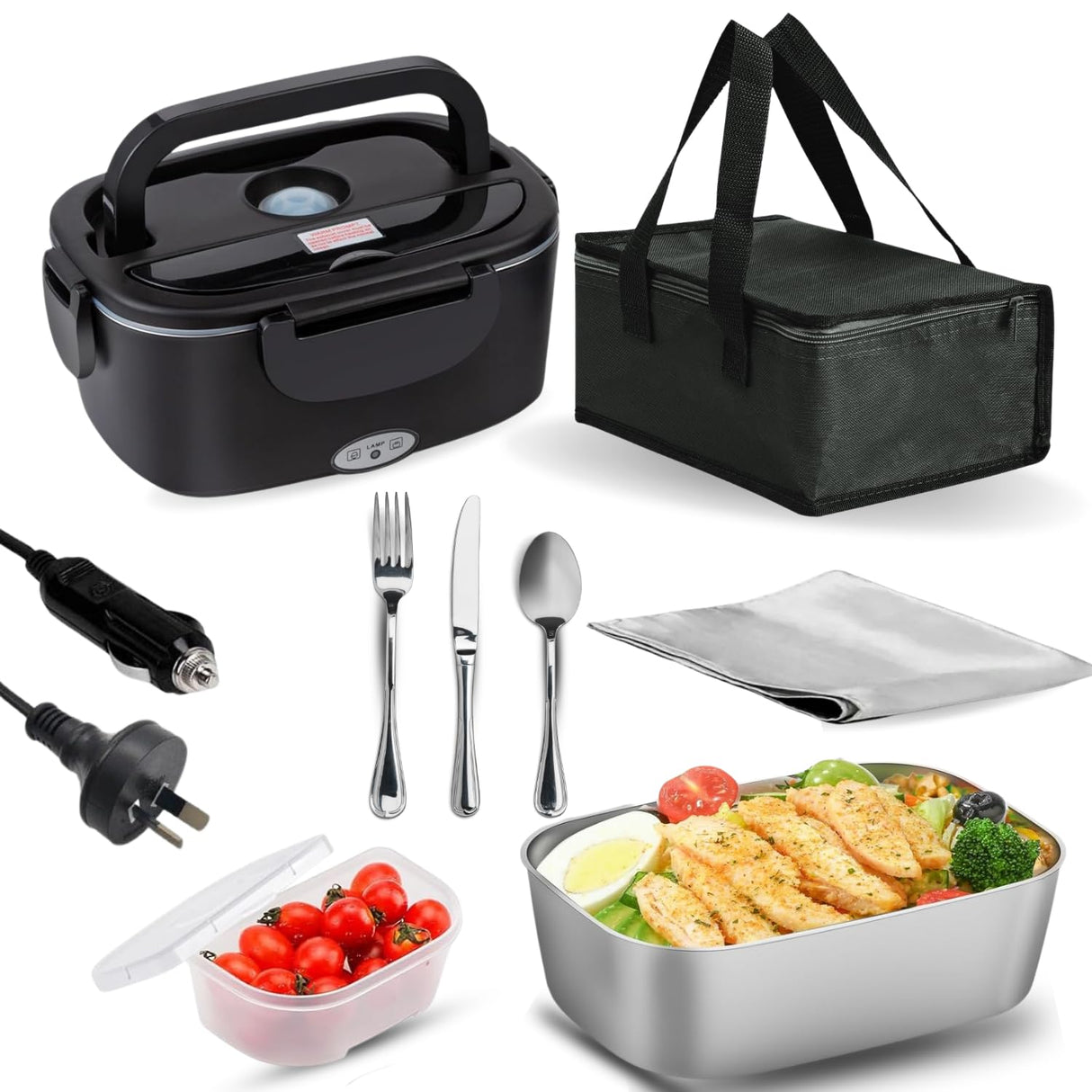 Electric Lunch Box, Food Heater Portable Warmer Leakproof Heated Box, 220V AU Socket, Heating Microwave for Car/Home with 1.5L Removable Stainless Steel Container with Spoon,Fork,Knife & Napkin,Bag