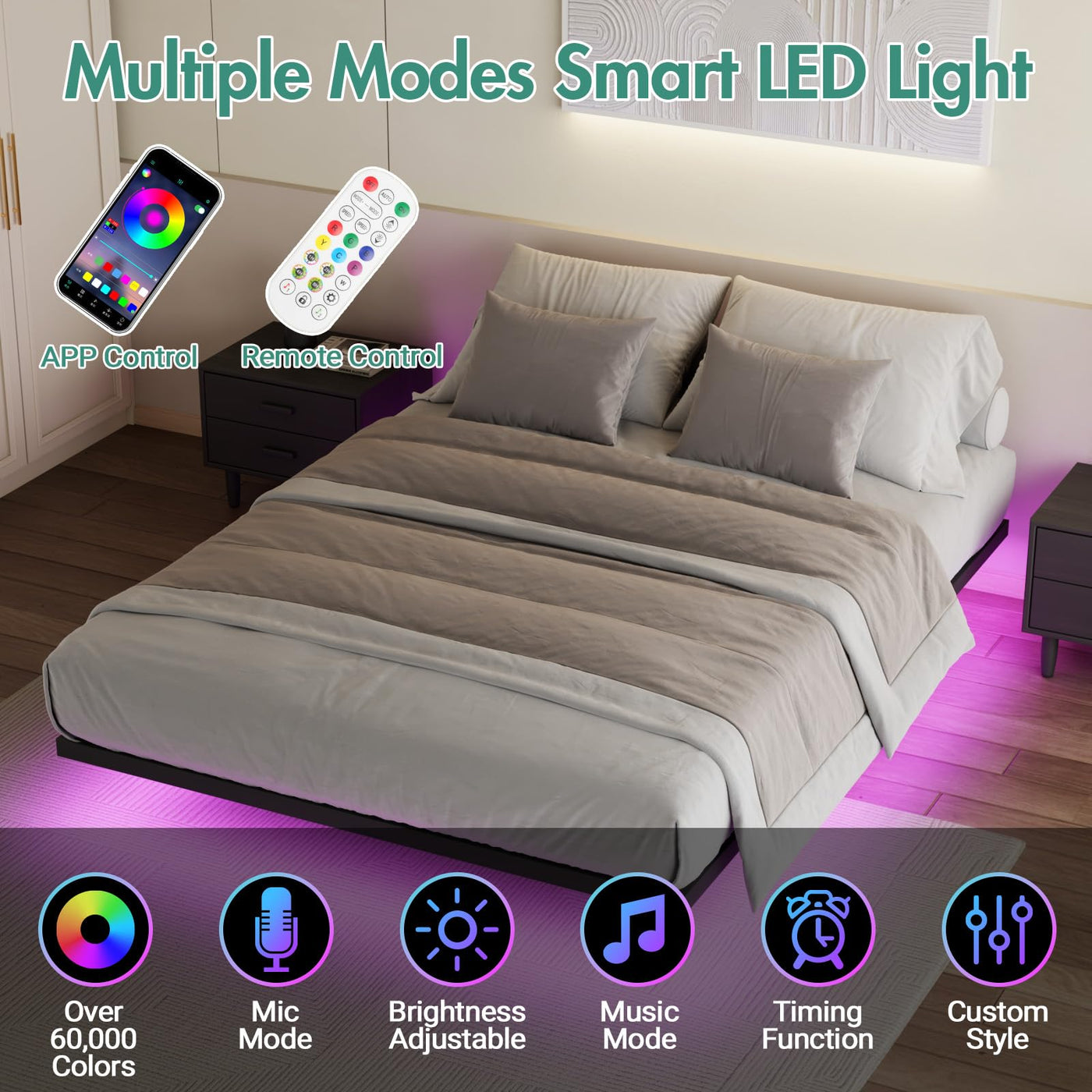 Floating-Look Double Metal Platform Bed with 3-Sided LED Lighting