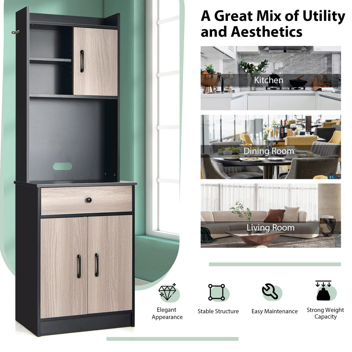 Black 3-Door Buffet Cabinet with Drawer & 4 Adjustable Shelves
