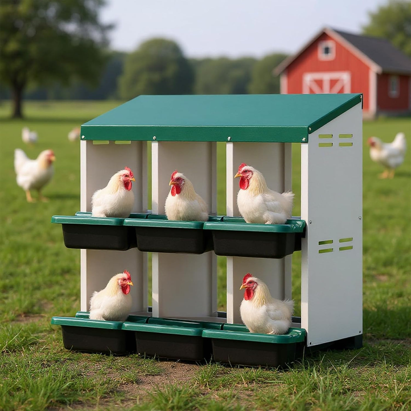 Chicken Nesting Box, Double Layer 6 Hole Metal Chicken Hen Laying Boxes with Roll Away Egg Collection & Perch, Poultry Nest House Egg Brooder Coop for Hens/Goose/Duck