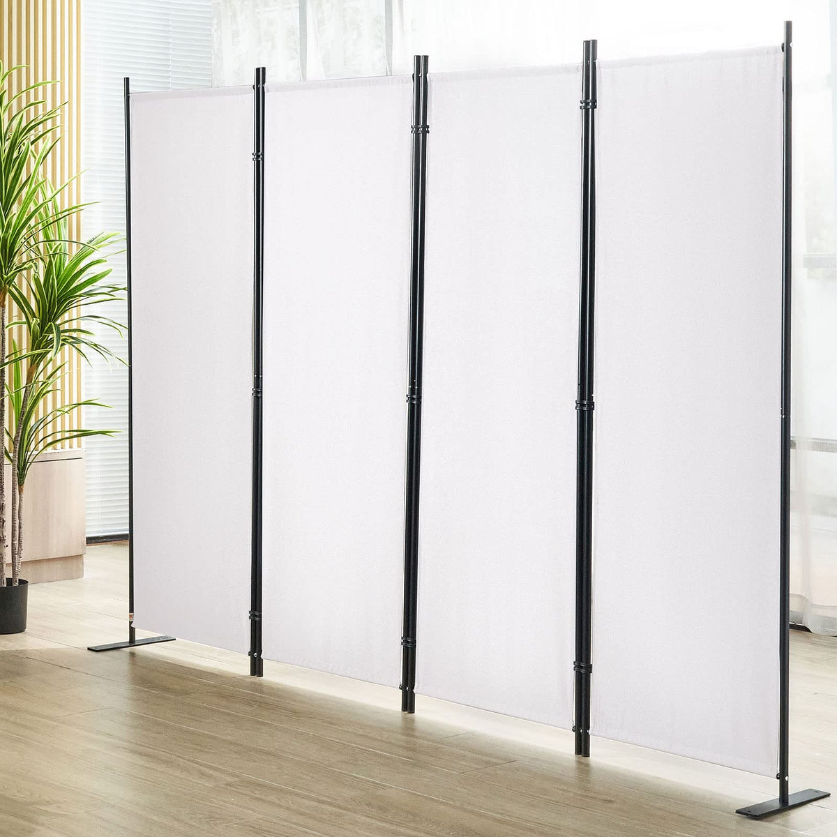 White 4-Panel Coated-Fabric Room Divider – 224 × 171cm