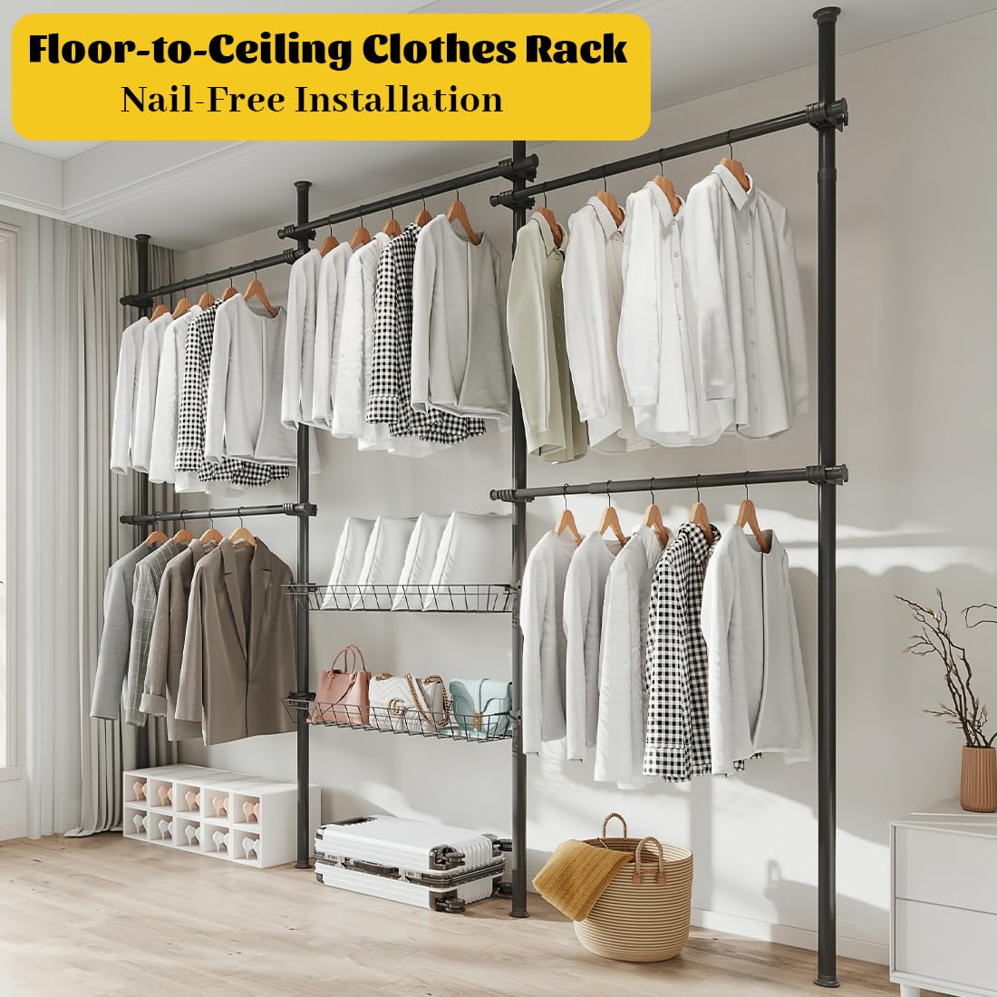 110–310 cm Floor-to-Ceiling Garment Rack with 5 Bars & 2 Shelves