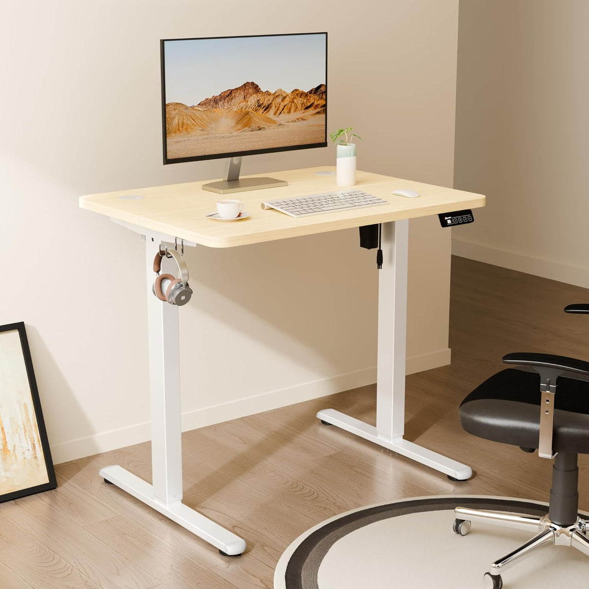 Electric Standing Desk 80x60cm (31"x23.6"), Height Adjustable Sit Stand Desk with Splice Board for Home Office, Computer Desk Memory Preset (White Frame + Golden Oak Desktop)