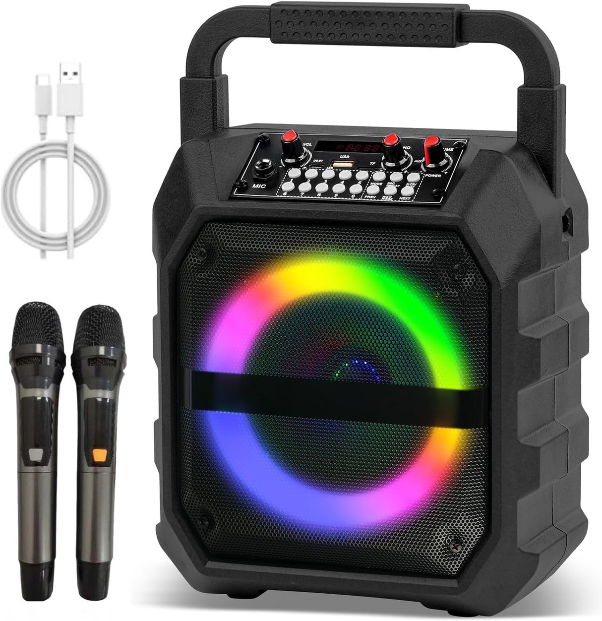 Karaoke Machine, Bluetooth Karaoke Speaker, Portable Singing Machine with 2 Wireless Microphones LED Lights for Home Party Meeting Adults Kids Supports USB/TF/AUX/REC/FM