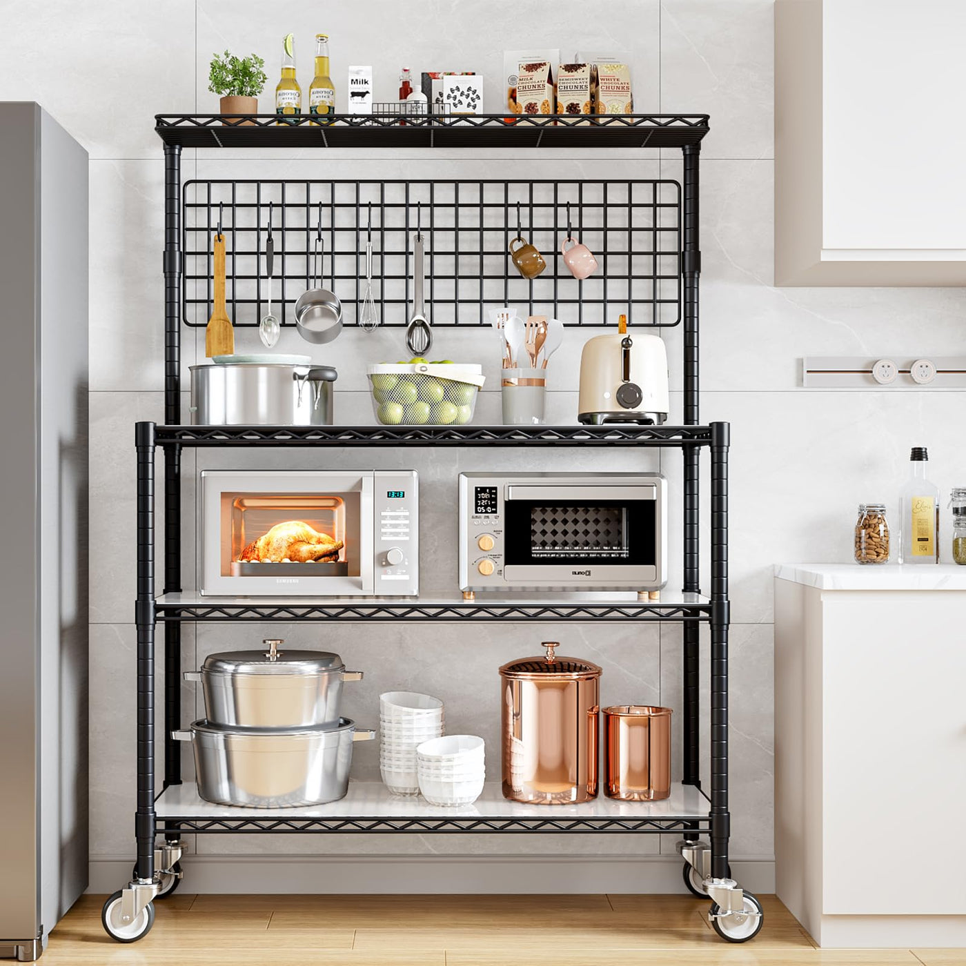 Kitchen Bakers Rack with Adjustable Shelf, 4-Tier Heavy Duty Kitchen Storage Rack with Wheels, Microwave Stand for Big Microwave, Metal Utility Kitchen Appliances Storage Shelf