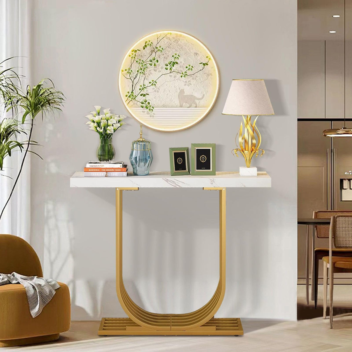 U-Shaped White Marble-Style Console Table