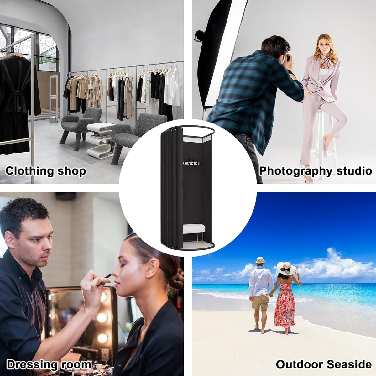 Portable Fitting Room with Linen Privacy Curtain – Black or Grey