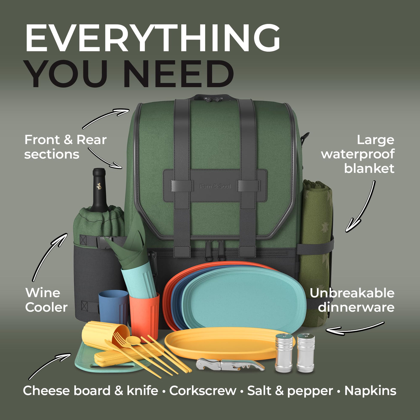 Insulated Picnic Backpack for Four with Blanket & Wine Cooler