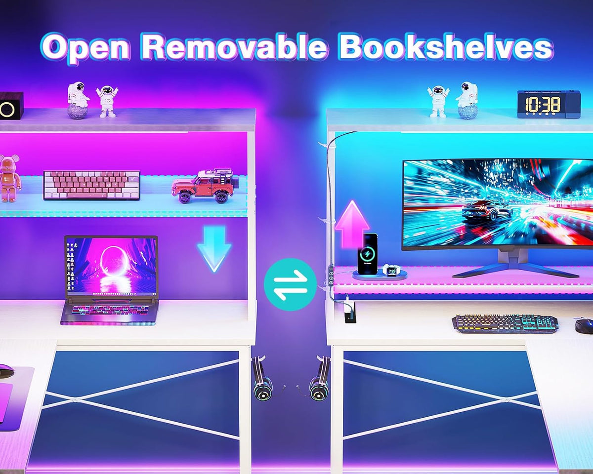 ODK Reversible L-Shaped Desk with LED Lights & Power Outlets