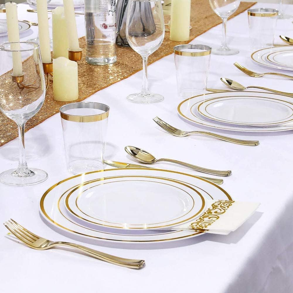 Gold Dinnereware Include Gold Rim Plates, 12oz Gold Cups, Gold Knives, Gold Forks, Gold Spoons, Party Reusable Plates Set, Brittany (Gold)