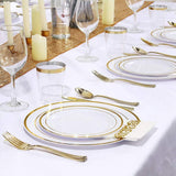 Gold Dinnereware Include Gold Rim Plates, 12oz Gold Cups, Gold Knives, Gold Forks, Gold Spoons, Party Reusable Plates Set, Brittany (Gold)