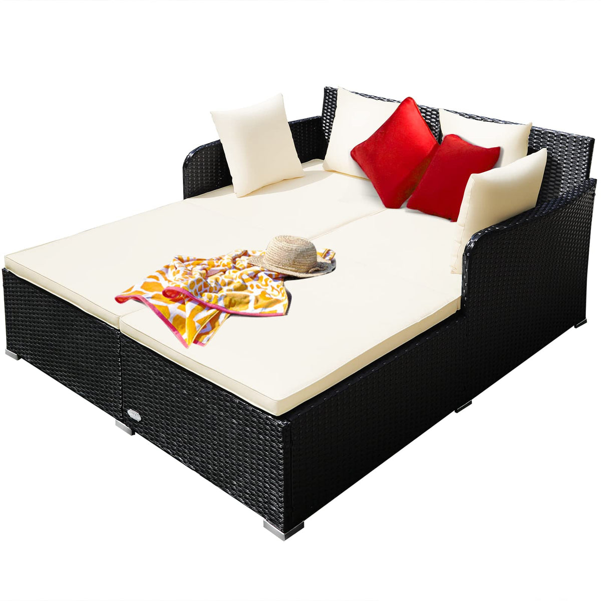 Beige Rattan Outdoor Daybed with Cushion & 4 Pillows
