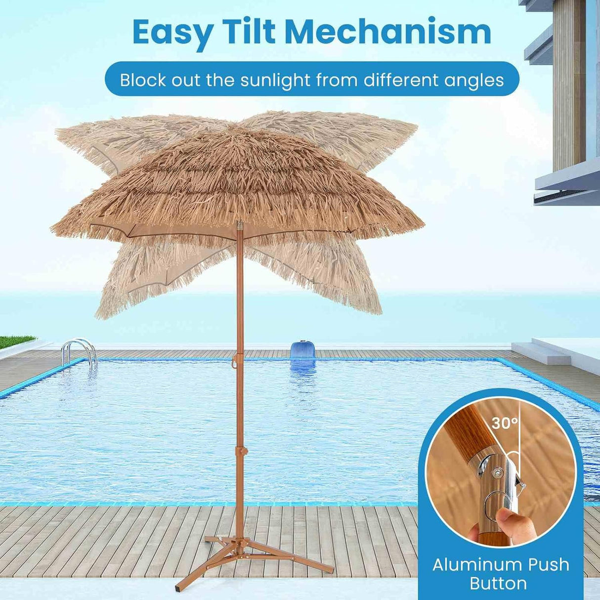 Costway 2M Thatched Tiki Umbrella w/Foldable Stand, Hawaiian Style Beach Umbrella w/Push Button Tilt, Carry Bag, Portable Sunshade Table Market Umbrella for Outdoor Tiki Bar Garden Patio Pool