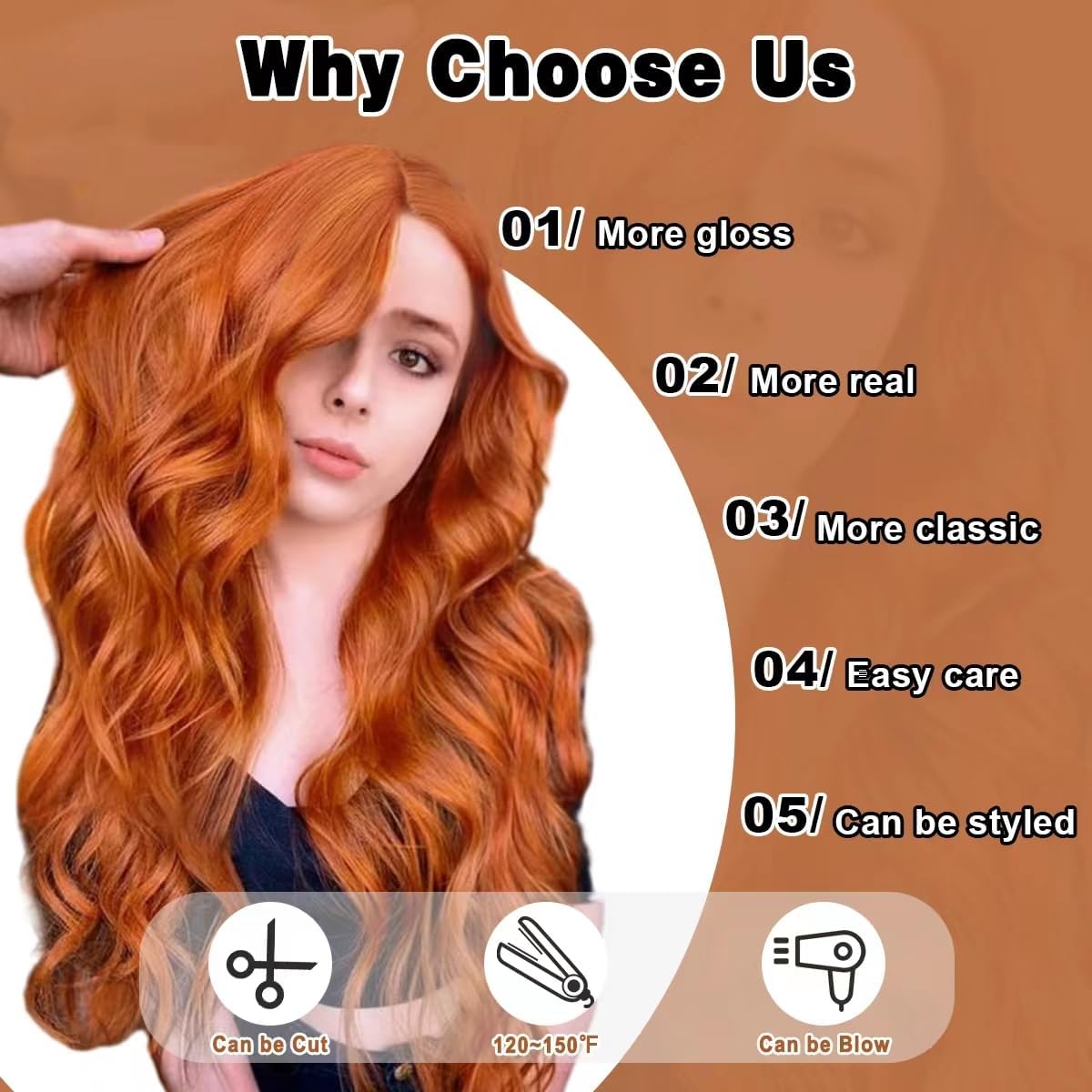 Long Ginger-Orange Wavy Synthetic Wig with Bangs