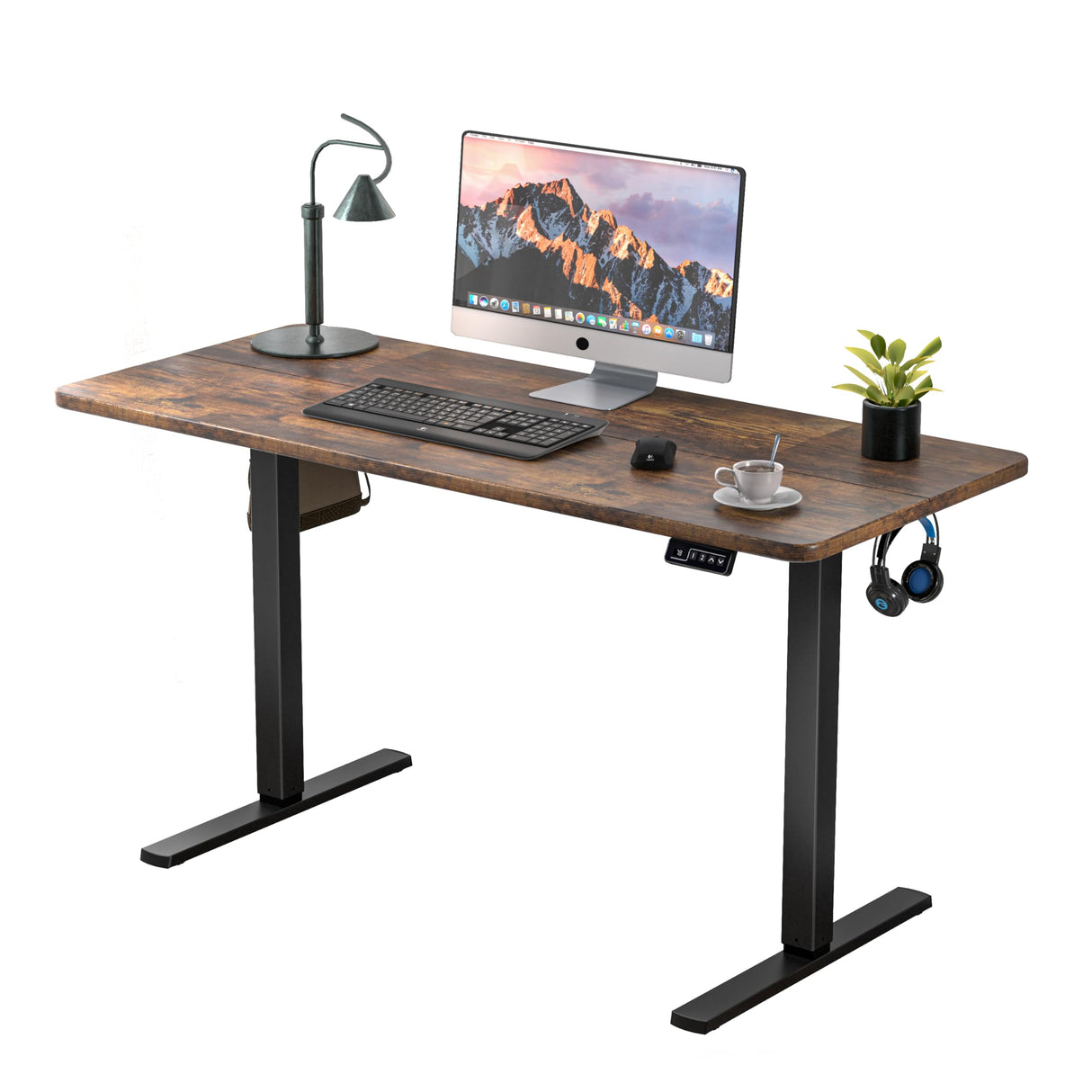 Electric Standing Desk 110x60cm (43.3"x23.6"), Height Adjustable Standing Desk with Splice Board, Stand Up Desk with Hook and Memory Smart Handset(Black Frame + Rustic Brown Desktop)