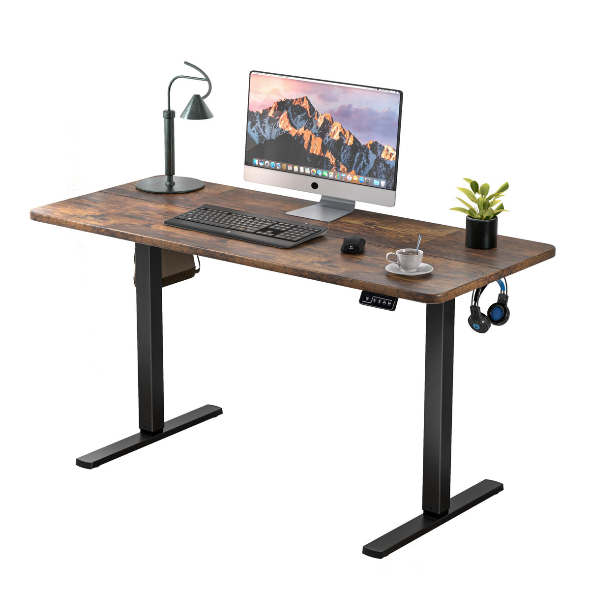 Electric Standing Desk 110x60cm (43.3"x23.6"), Height Adjustable Standing Desk with Splice Board, Stand Up Desk with Hook and Memory Smart Handset(Black Frame + Rustic Brown Desktop)
