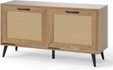 Giantex Rattan Shoe Storage Cabinet with 2 Flip Drawers, Hidden Boho Shoe Organizer with Adjustable Shelves, Solid Metal Legs, Freestanding Narrow Shoe Rack for Foyer Entryway Living Room