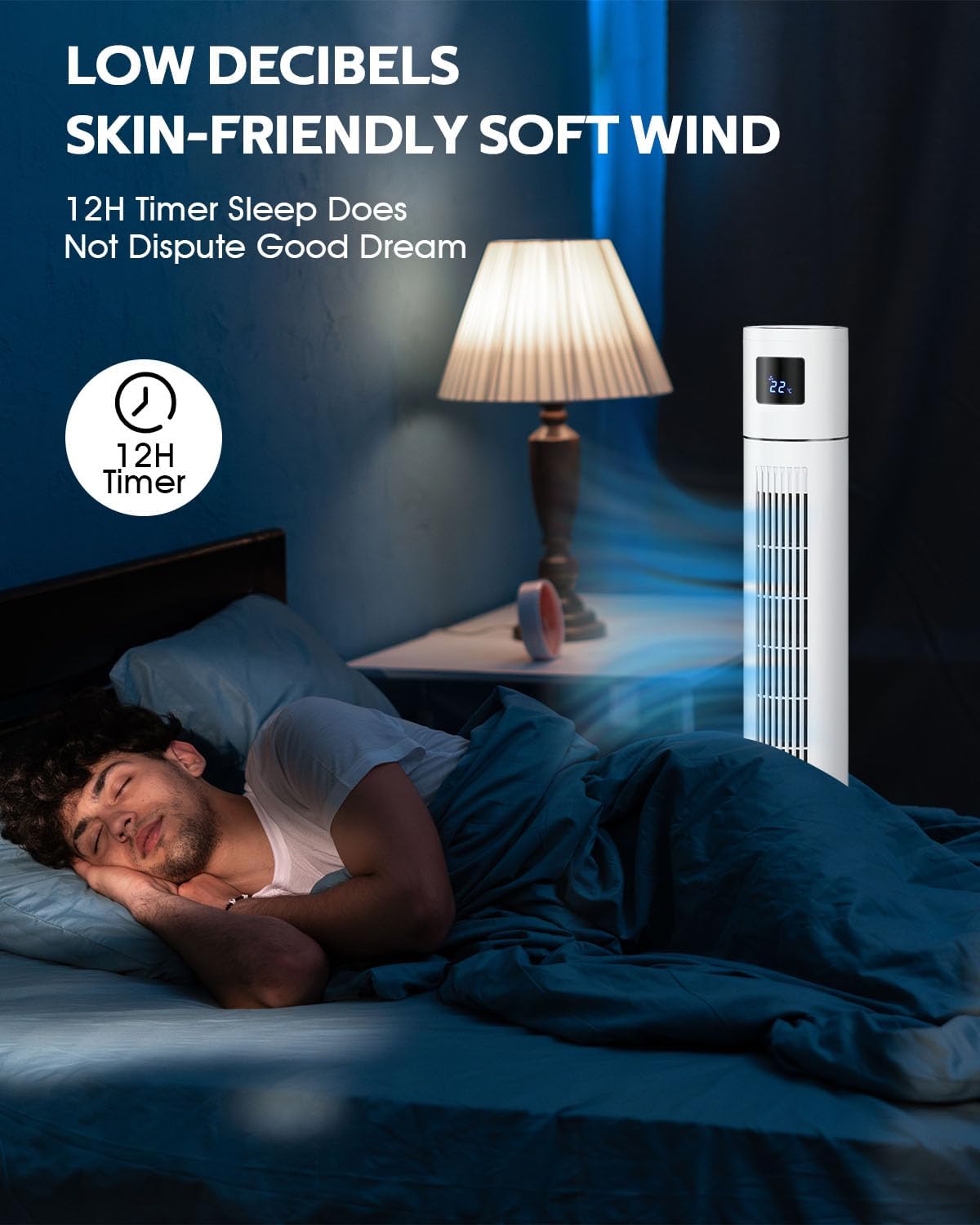 YOPOWER Tower Fan Portable Floor Fan Electric Cooling Fans with 3 Speed, 12H Timer, 70° Oscillating, LED Digital Display for Bedroom Home Office, White