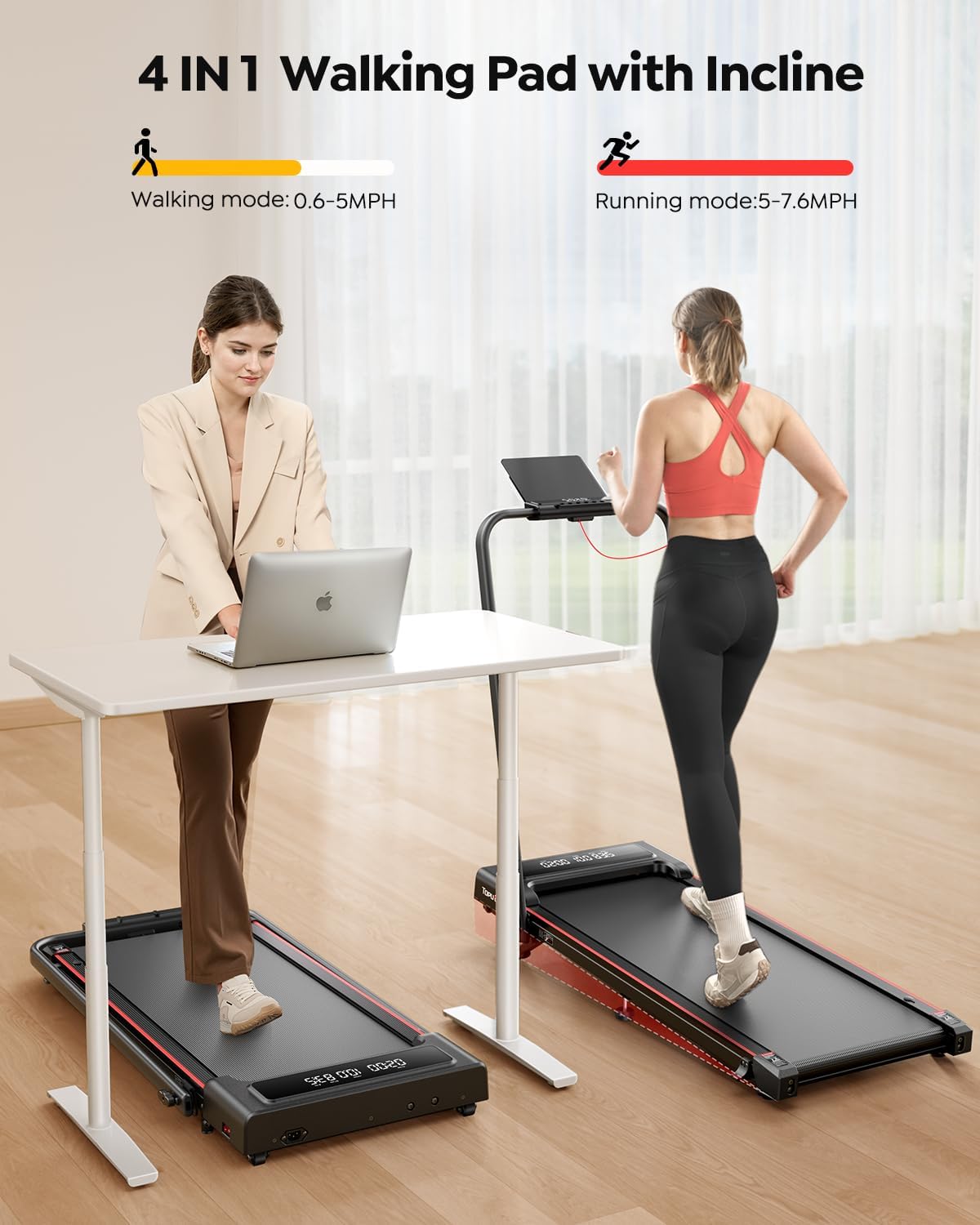 4 in 1 Foldable Walking Pad Treadmill with Incline and Handle Bar, 2.5HP with Dual Display and Mute Control, Under Desk Treadmills for Home with App Bluetooth Folding Treadmill