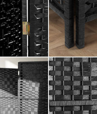 Black 4-Panel Pine & Woven-Rattan Room Divider – 170cm