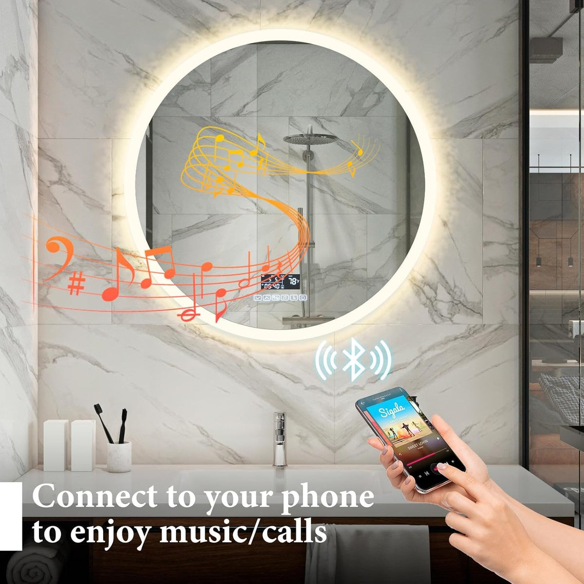 Smart Round LED Bathroom Mirror with Defogger & Audio