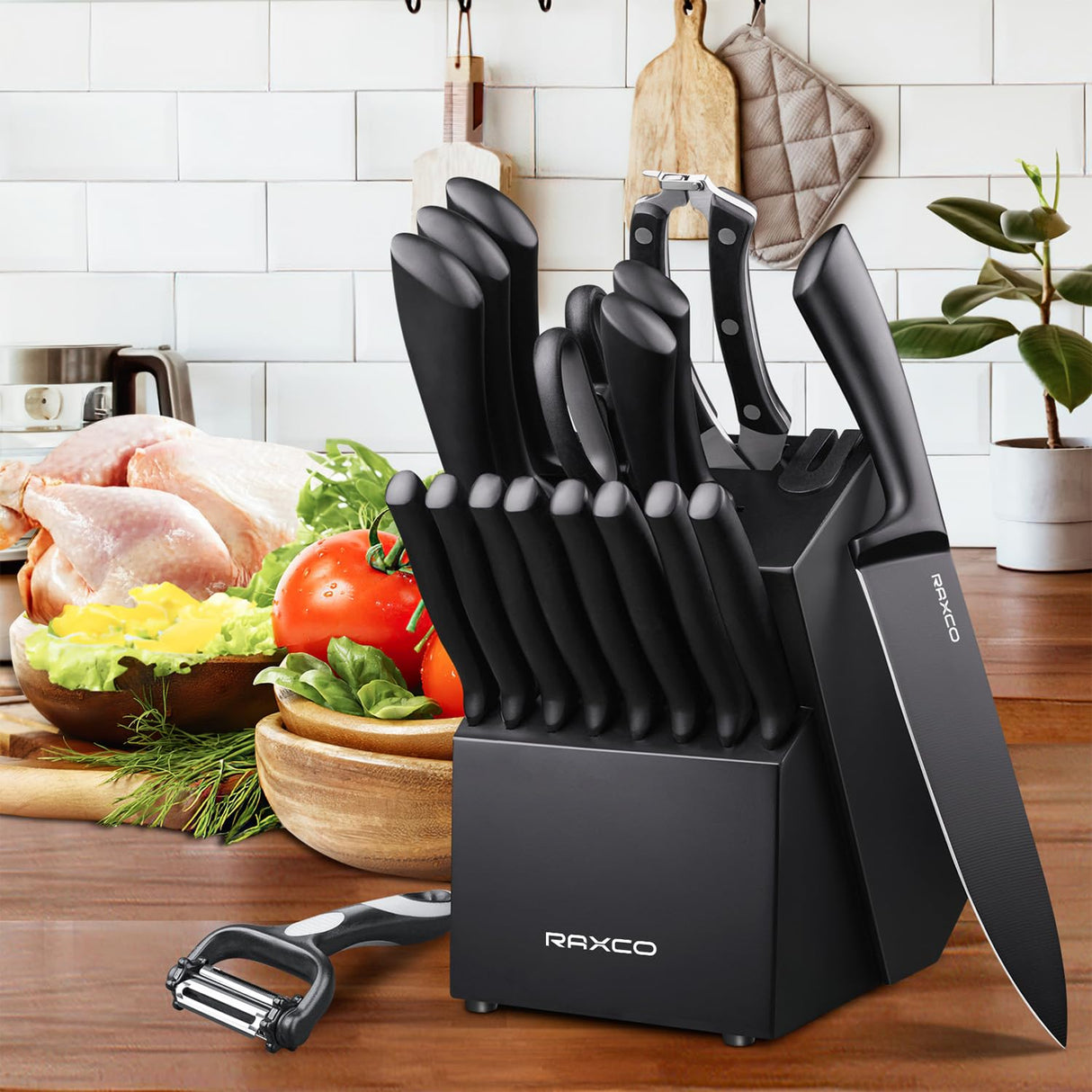 Knife Set Black, Knives Set for Kitchen Full Tang Steel Steak Knife Set(8)+Chef's Knives(6),Kitchen Shears(19-in-1)…