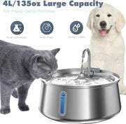 Cat Water Fountain,4L Automatic Stainless Steel Pet Fountain with LED Light Water Level Window,Dog Water Dispenser for Multiple Pets Drinking