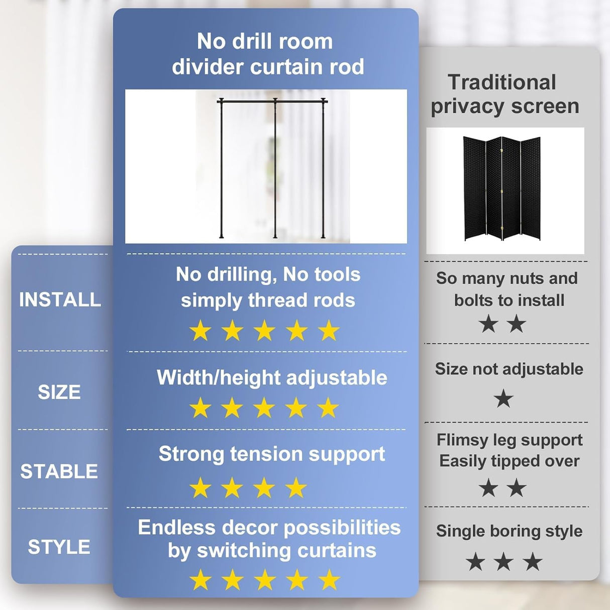 Room Divider No Drilling Curtain Rod Wall Divider for Room Separation, 122-305cm(H) 70-290cm(W) Adjustable, Heavy Duty Partition Space Separator Freestanding Tension Curtain Standr, Black