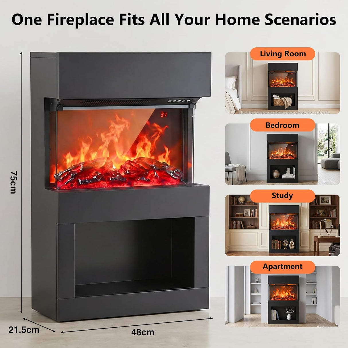 2000W Electric Fireplace Heater with Mantel, Powerful Space Heaters with 6-Color LED Flame, 2 Heating Levels, 12H Timer, Lower Storage, Overheat Protection for Indoor Use, Black