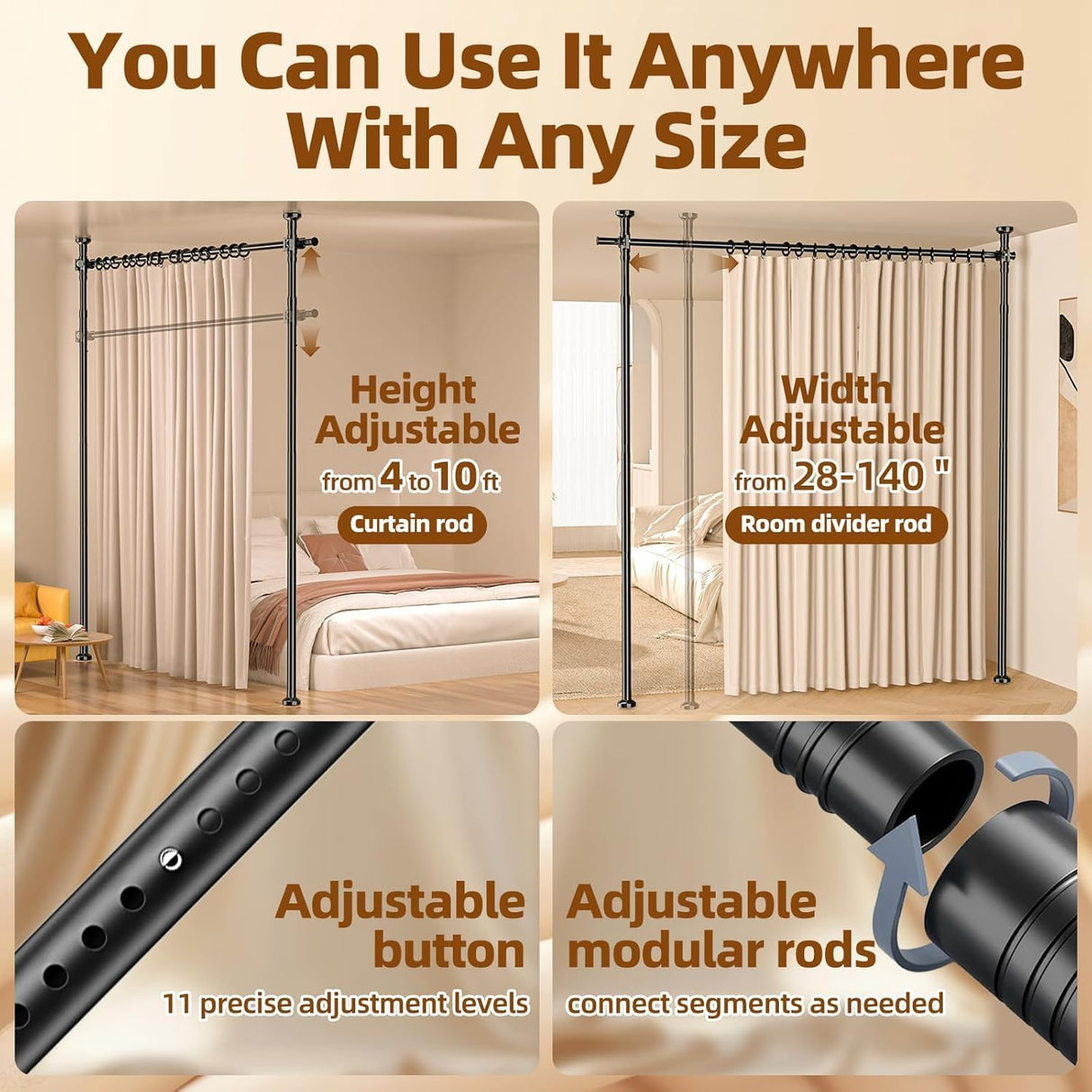 No-Drill Floor to Ceiling Room Divider, Adjustable Tension Rod Partition for Bedroom, Living Room or Studio (Black, Single Rod)