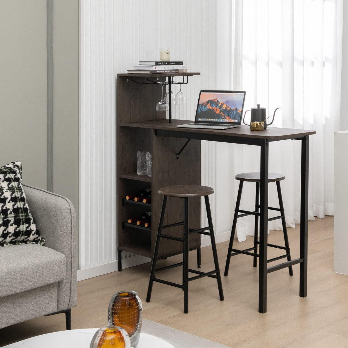 3-Piece Bar Table Set with Wine & Glass Storage