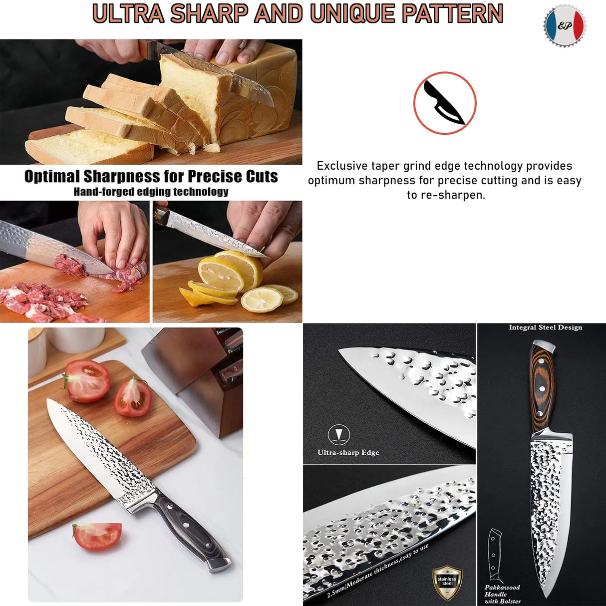 Kitchen Knife Set 15-Piece with Wooden Block. Ultra Sharp High Carbon German Stainless Steel Hammer Pattern Chef & Steak Knives. Full Tang Design with Forged Triple Rivet. Boxed Knife Set