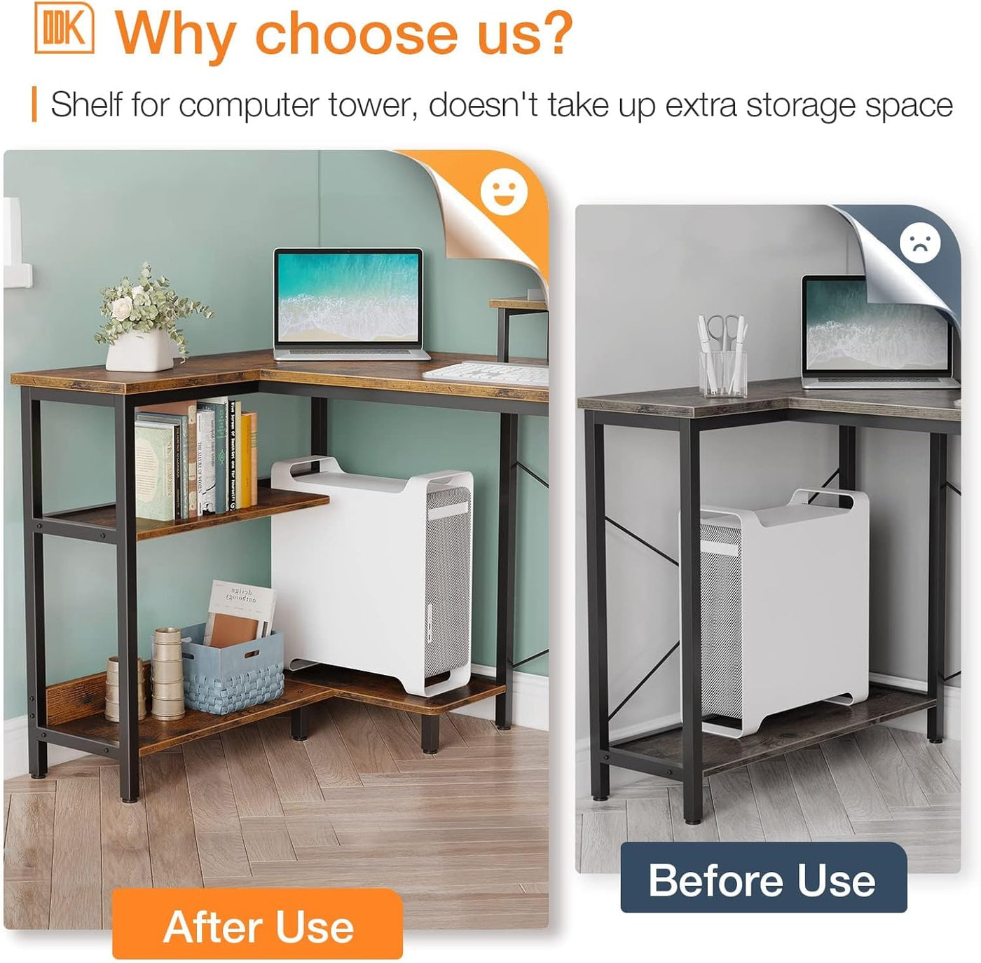 Reversible L-Shaped Desk with Shelves & Monitor Stand