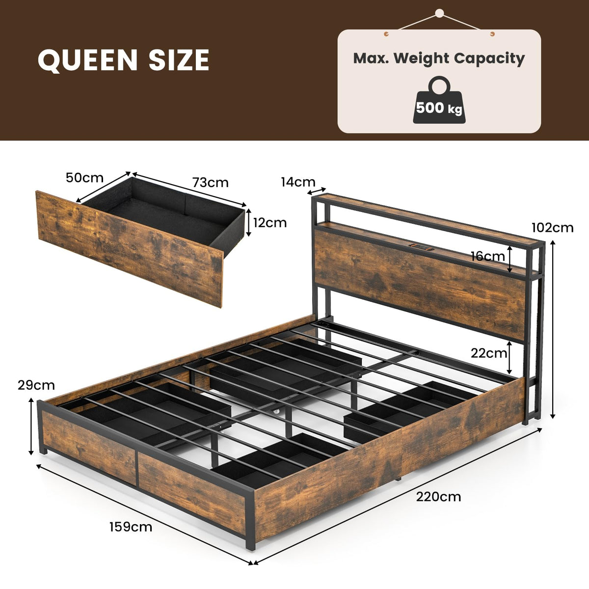 Queen Metal Platform Bed with RGB Headboard, Charging & 4 Drawers