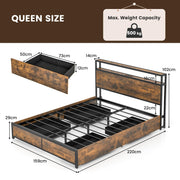 Queen Metal Platform Bed with RGB Headboard, Charging & 4 Drawers