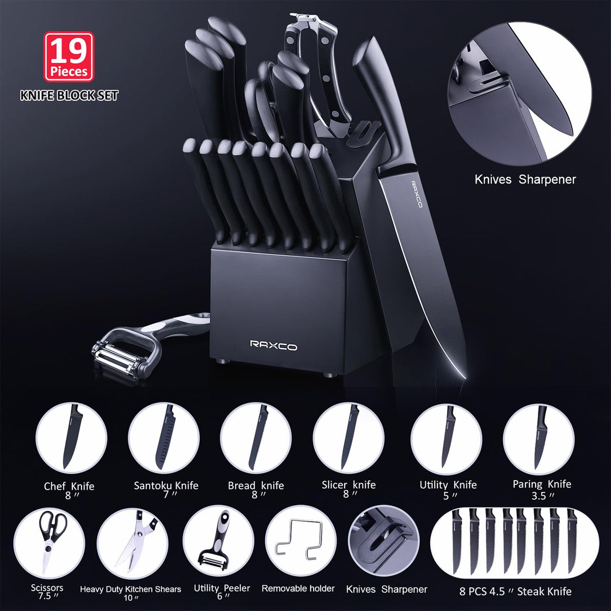 Knife Set Black, Knives Set for Kitchen Full Tang Steel Steak Knife Set(8)+Chef's Knives(6),Kitchen Shears(19-in-1)…