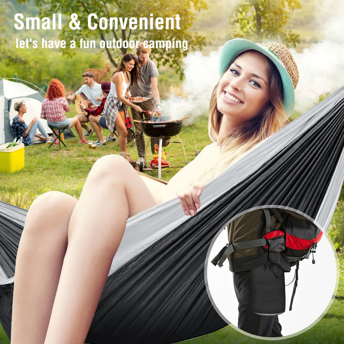 Portable 210D Nylon Camping Hammock – Black & Grey