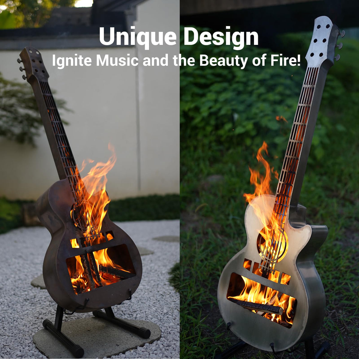Portable Stainless-Steel Guitar-Style Wood Fire Pit with Carry Bag