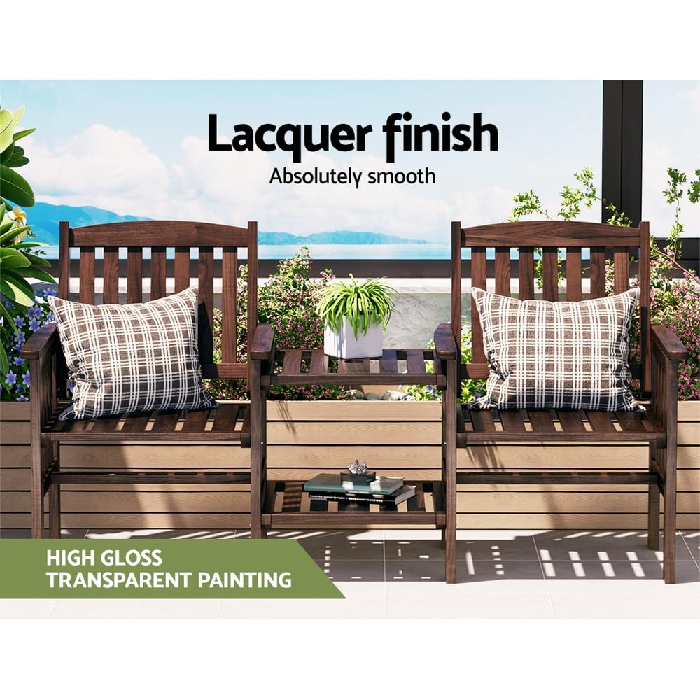 2-Seater Timber Garden Bench with Folding Table & Umbrella Hole