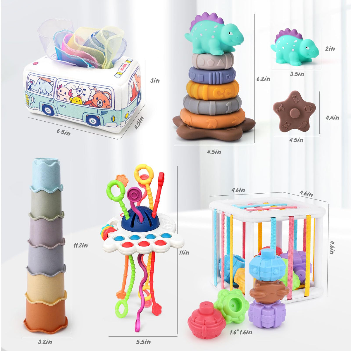5 in 1 Baby Montessori Toys Set Include Shape Sorter Bin with Sound, Baby Tissue Box, Stacking Cups, Pull String Toy, Soft Stacking Rings, Sensory Toys for Infants Toddlers