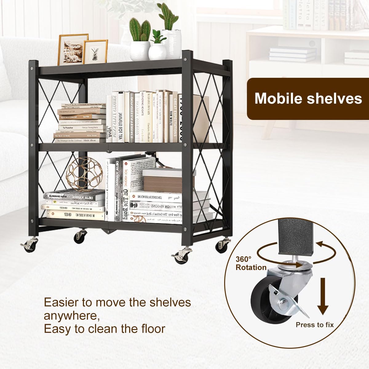 3-Tier Foldable Rolling Storage Shelf – Black