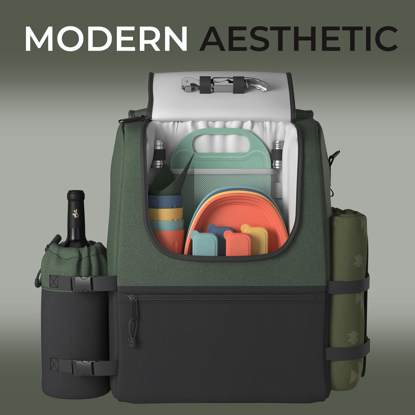 Insulated Picnic Backpack for Four with Blanket & Wine Cooler