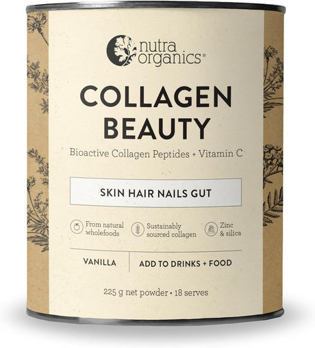 Nutra Organics Collagen Beauty Vanilla 225g | Low Sugar, Non-Dairy, Drink Mix w/Vitamin C | Collagen Powder that Supports Skin Elasticity & Hydration, Healthy Hair, Nails, & Gut Wellbeing (18 Serves)