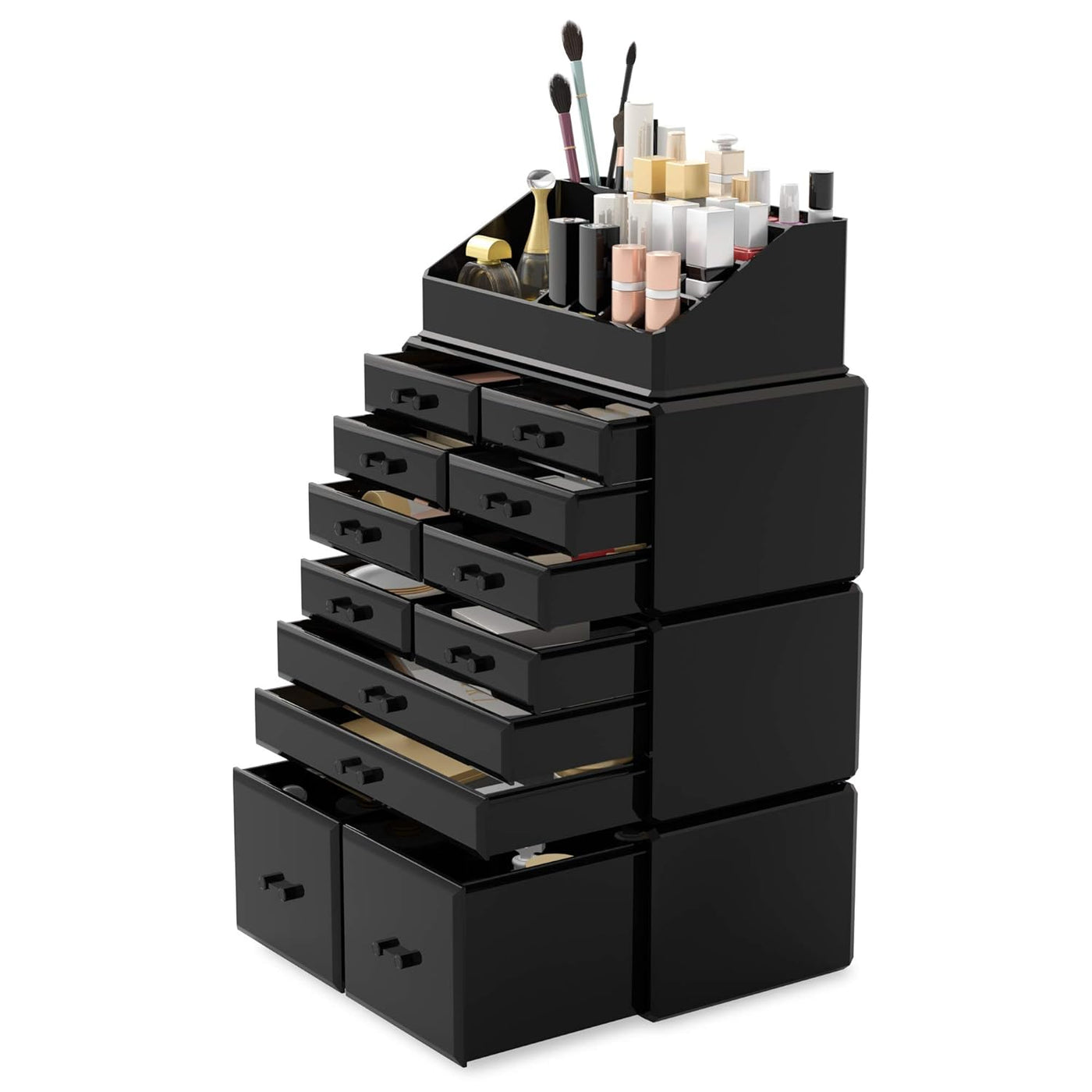 12-Drawer Stackable Makeup Organiser with 16 Top Compartments