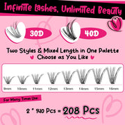 𝑷𝑹𝑶 DIY Lash Extension Kit 280Pcs Lash Clusters Eyelash Extension Kit with Lash Bond and Seal Lash Applicator Individual Lashes Kit Eyelash Brush DIY Various Styles Easy to Apply at Home(30D+40D-9-16mix Kit)