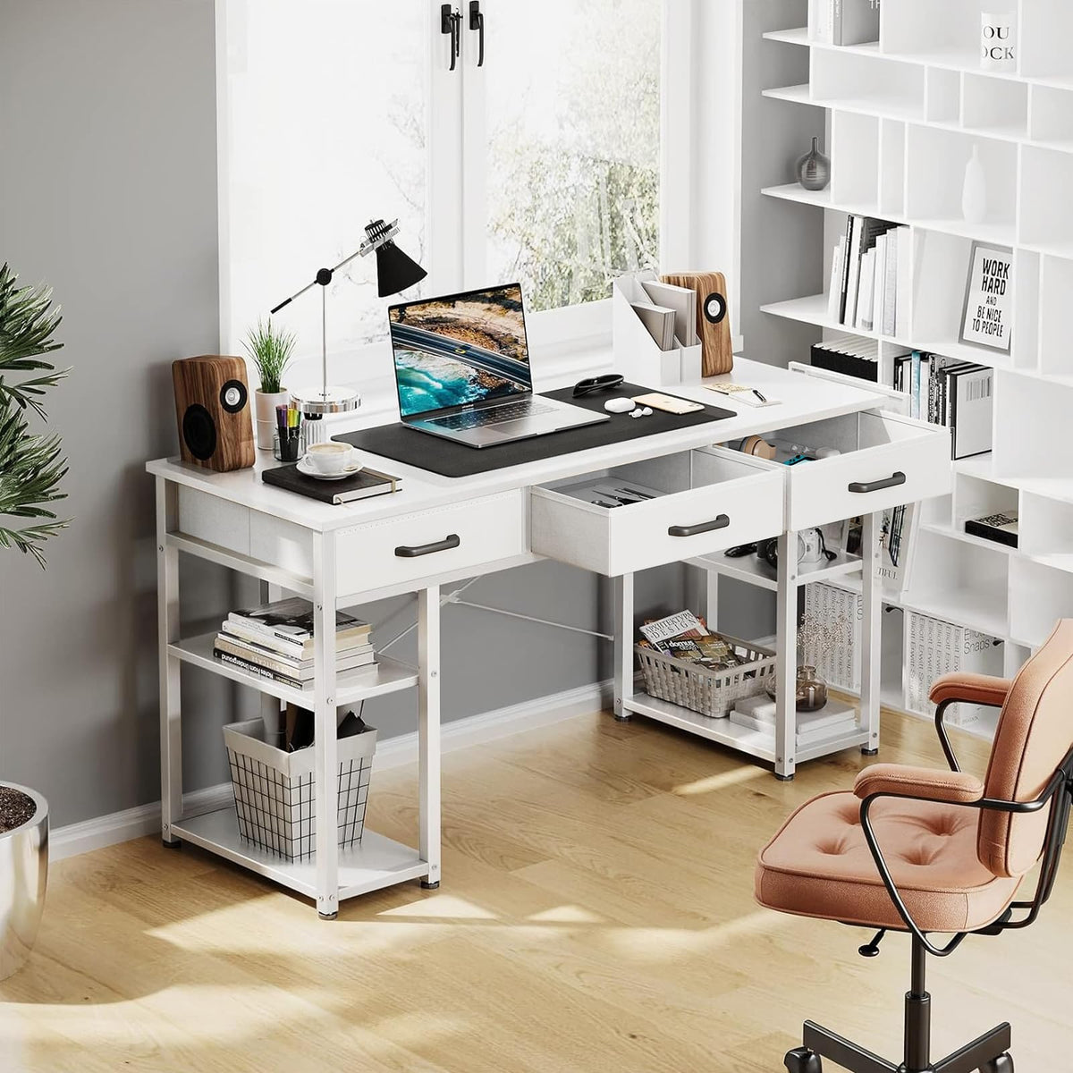 120 cm White Computer Desk with Fabric Drawers & Shelves