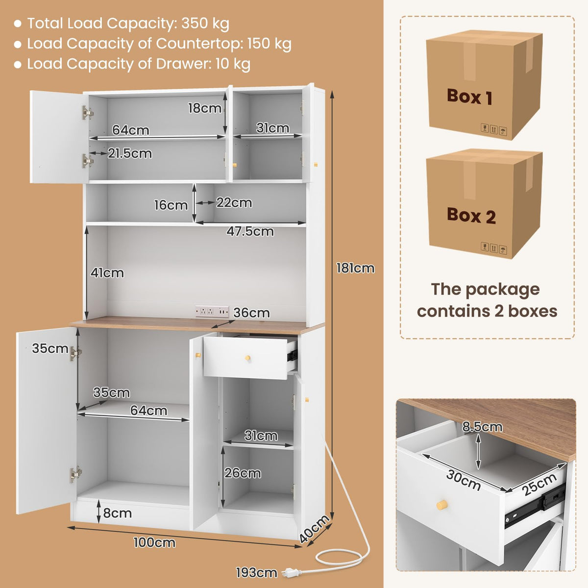 Tall Pantry Cabinet, Kitchen Cabinet with Outlets, USB Ports, Anti-Tipping Kits & 3-Position Adjustable Shelves, Freestanding Buffet Cupboard with Hutch, Microwave Cabinet Dining Room