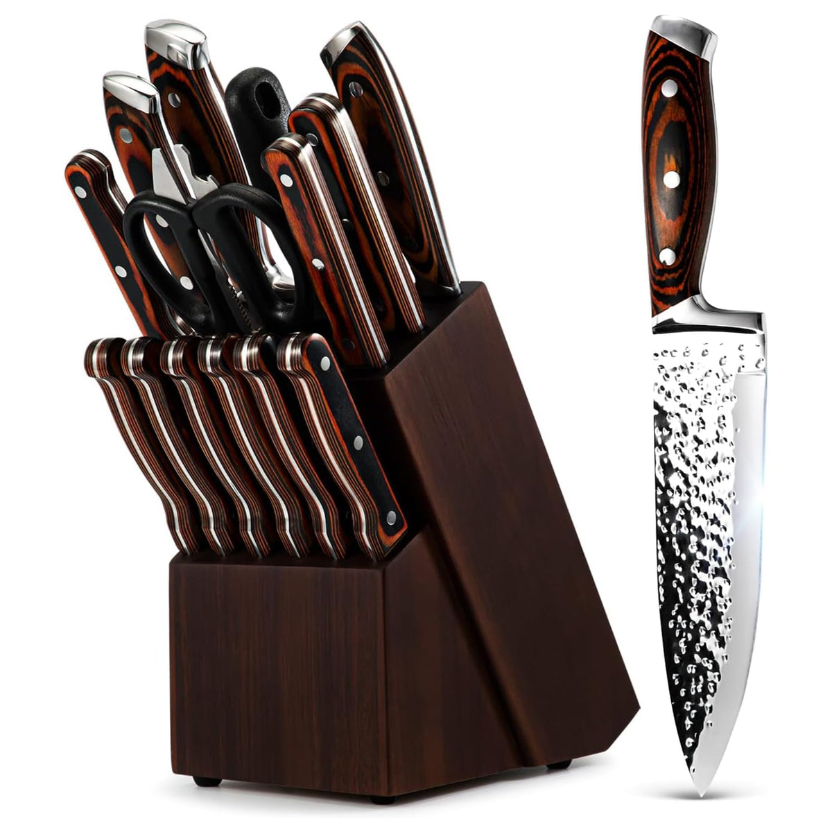 Kitchen Knife Set 15-Piece with Wooden Block. Ultra Sharp High Carbon German Stainless Steel Hammer Pattern Chef & Steak Knives. Full Tang Design with Forged Triple Rivet. Boxed Knife Set