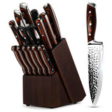 Kitchen Knife Set 15-Piece with Wooden Block. Ultra Sharp High Carbon German Stainless Steel Hammer Pattern Chef & Steak Knives. Full Tang Design with Forged Triple Rivet. Boxed Knife Set